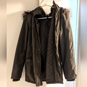 Green coat with faux fur hood